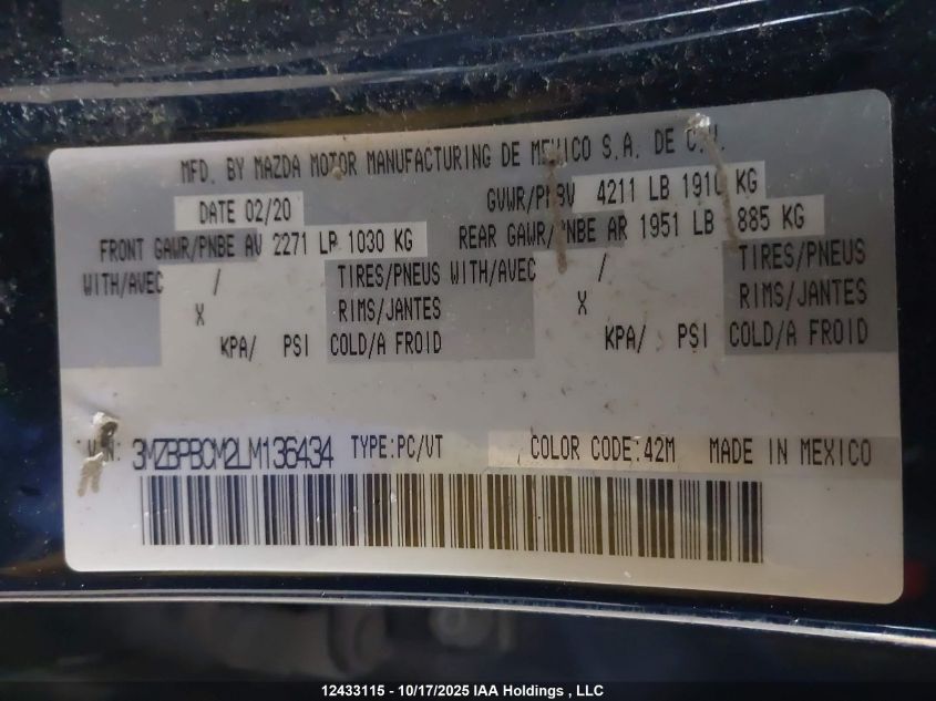 2020 Mazda Mazda3 Gs VIN: 3MZBPBCM2LM136434 Lot: 12433115