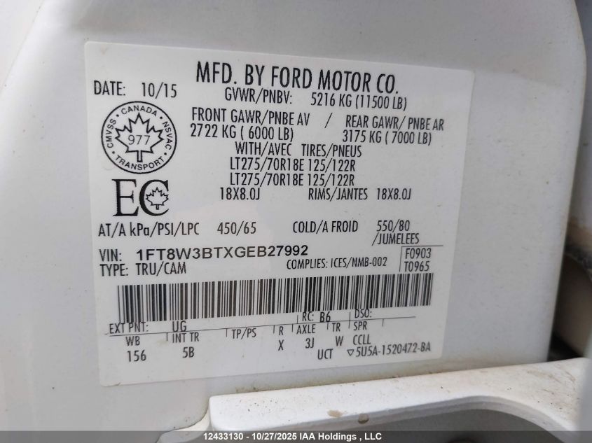 2016 Ford F350 Super Duty VIN: 1FT8W3BTXGEB27992 Lot: 12433130