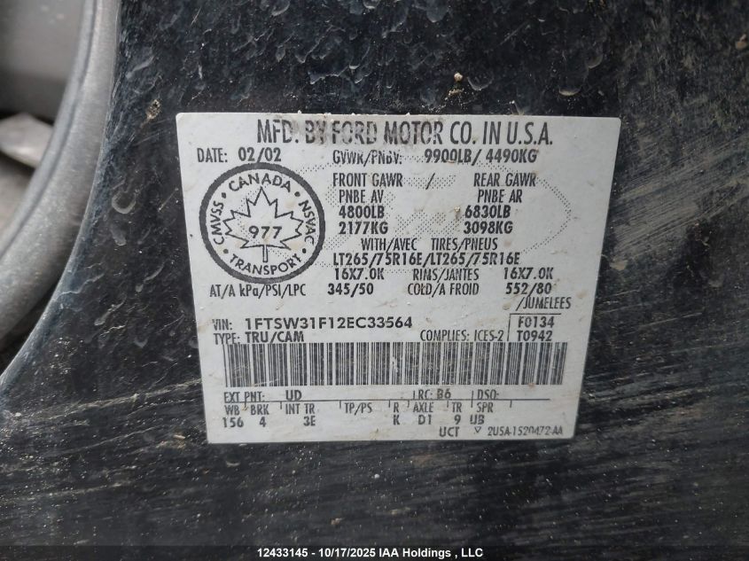 2002 Ford F350 Srw Super Duty VIN: 1FTSW31F12EC33564 Lot: 12433145