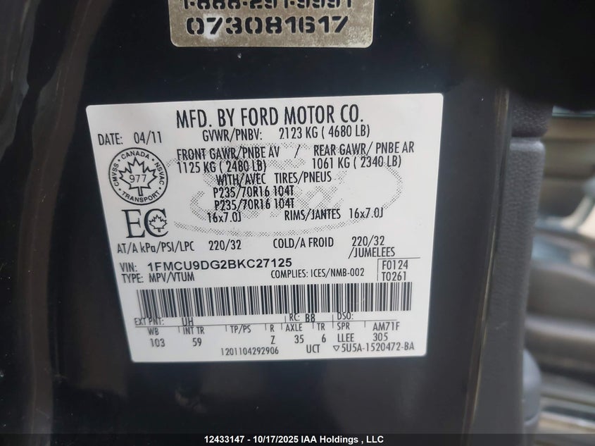 1FMCU9DG2BKC27125 2011 FORD ESCAPE photo no. 9