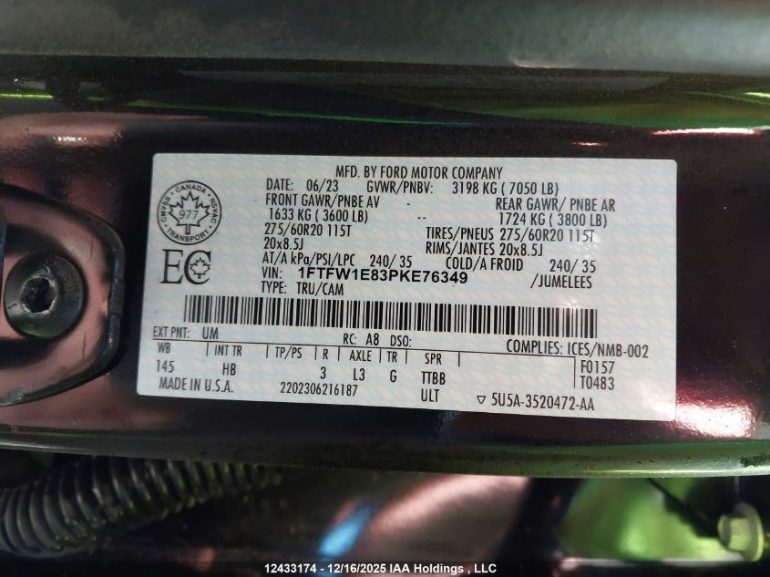 2023 Ford F150 Supercrew VIN: 1FTFW1E83PKE76349 Lot: 12433174