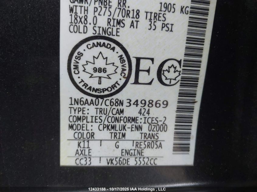 2008 Nissan Titan Xe/Se/Le/Pro-4X VIN: 1N6AA07C68N349869 Lot: 12433188