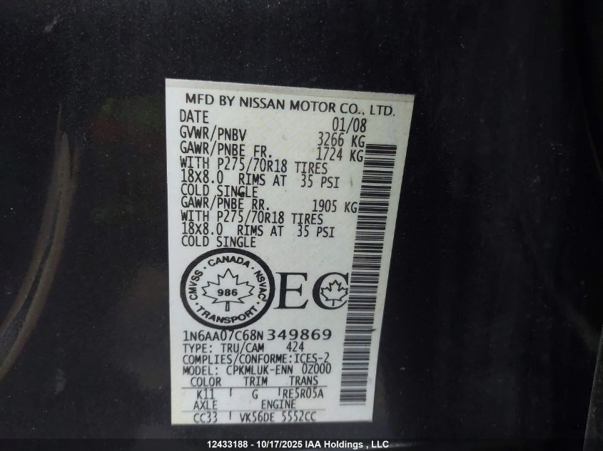 2008 Nissan Titan Xe/Se/Le/Pro-4X VIN: 1N6AA07C68N349869 Lot: 12433188