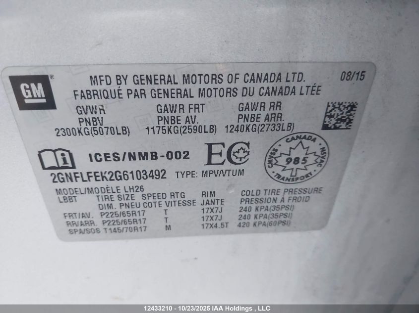 2016 Chevrolet Equinox Lt VIN: 2GNFLFEK2G6103492 Lot: 12433210