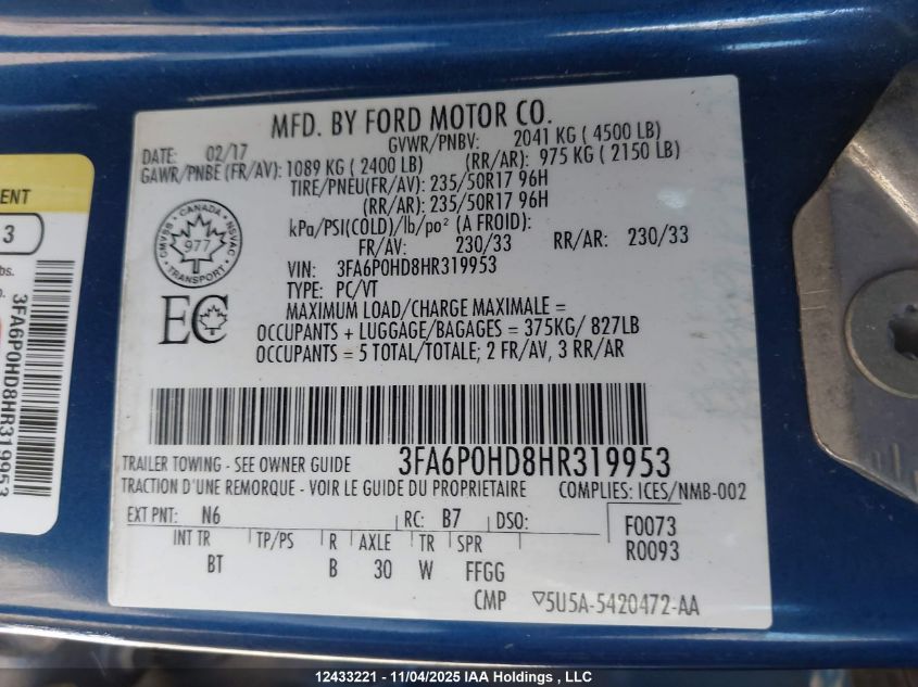 2017 Ford Fusion Se VIN: 3FA6P0HD8HR319953 Lot: 12433221