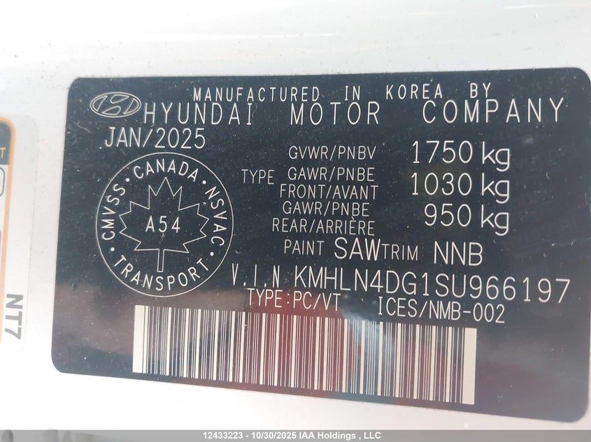 2025 Hyundai Elantra Luxury VIN: KMHLN4DG1SU966197 Lot: 12433223