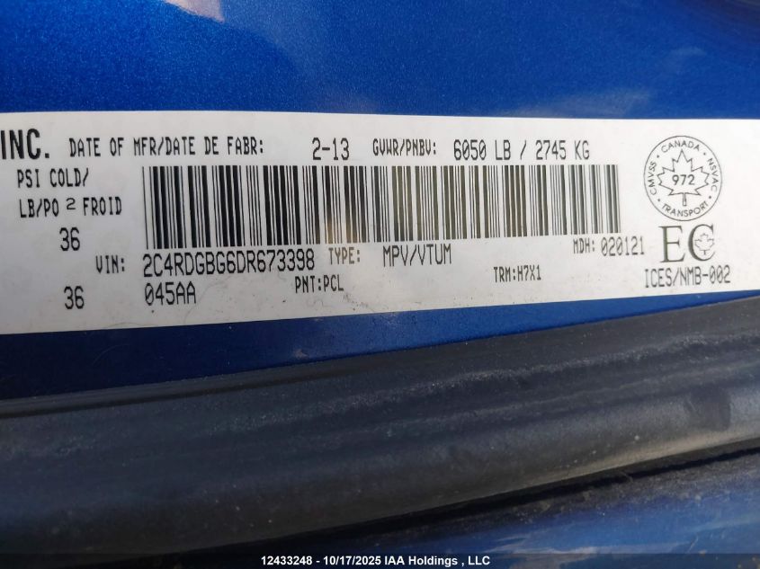 2013 Dodge Grand Caravan Se VIN: 2C4RDGBG6DR673398 Lot: 12433248