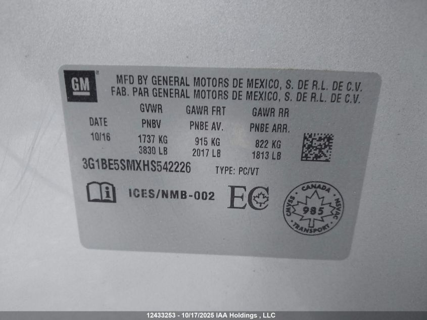 2017 Chevrolet Cruze Lt Auto VIN: 3G1BE5SMXHS542226 Lot: 12433253