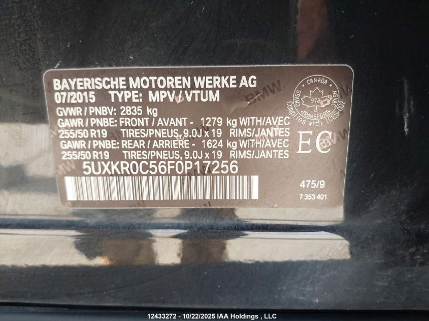 2015 BMW X5 xDrive35I VIN: 5UXKR0C56F0P17256 Lot: 12433272