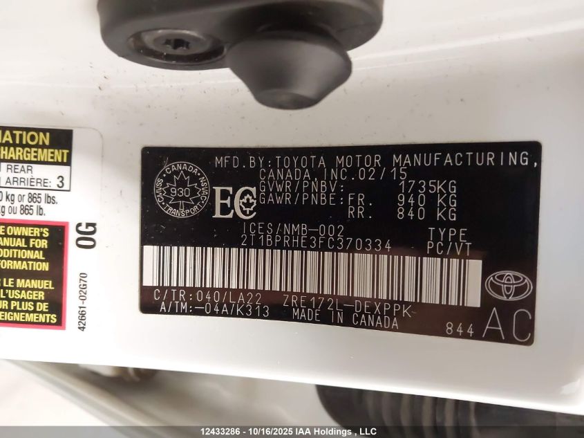 2015 Toyota Corolla Eco/Eco Plus/Eco Premium VIN: 2T1BPRHE3FC370334 Lot: 12433286