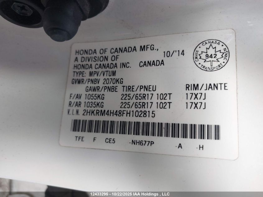 2015 Honda Cr-V Se VIN: 2HKRM4H48FH102815 Lot: 12433295