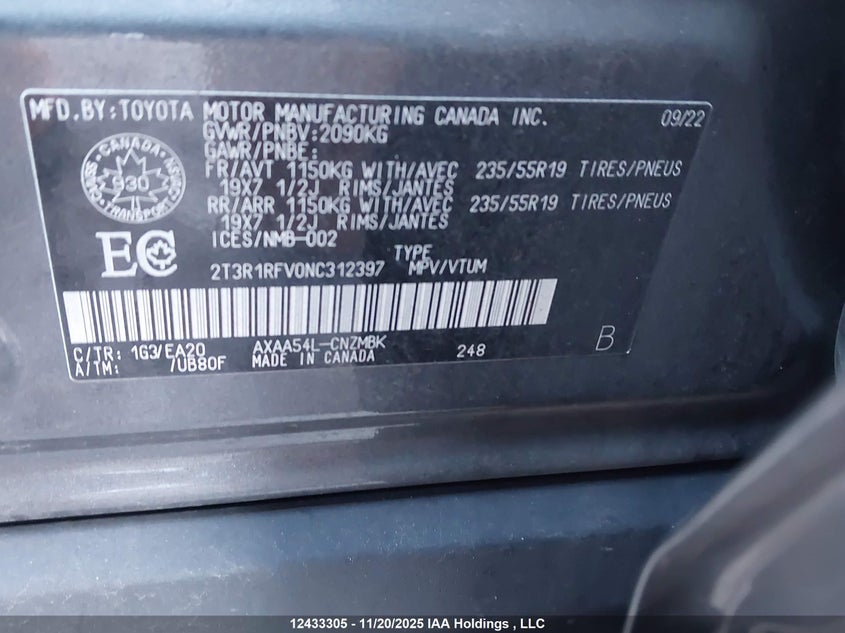 2T3R1RFV0NC312397 2022 TOYOTA RAV 4 photo no. 9