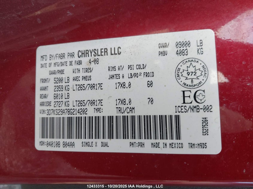 3D7KS29A78G214202 2008 DODGE RAM photo no. 18