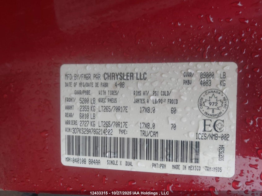 3D7KS29A78G214202 2008 DODGE RAM photo no. 9