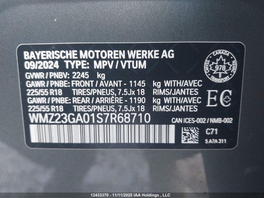 2025 Mini Countryman Cooper S VIN: WMZ23GA01S7R68710 Lot: 12433370