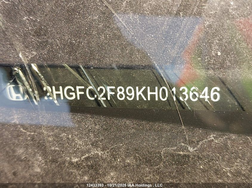 2019 Honda Civic Sport VIN: 2HGFC2F89KH013646 Lot: 12433393