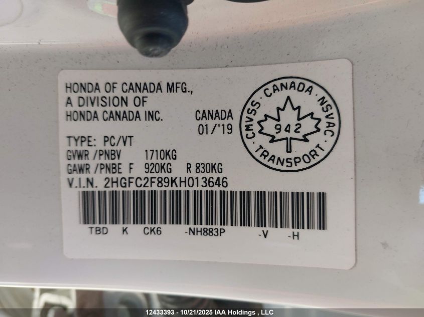 2019 Honda Civic Sport VIN: 2HGFC2F89KH013646 Lot: 12433393