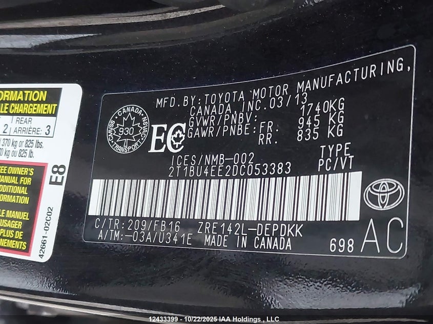 2T1BU4EE2DC053383 2013 TOYOTA COROLLA photo no. 9