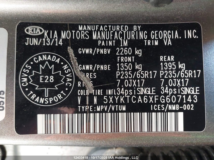 2015 Kia Sorento Lx VIN: 5XYKTCA6XFG607143 Lot: 12433418