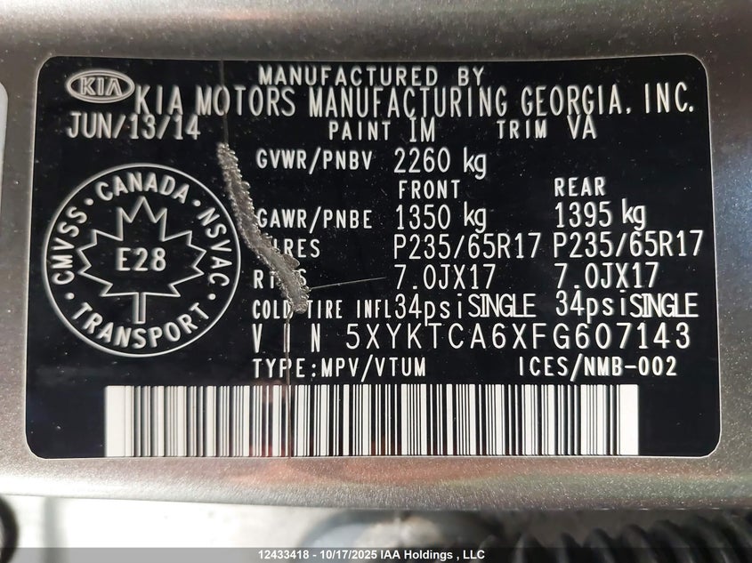 2015 Kia Sorento Lx VIN: 5XYKTCA6XFG607143 Lot: 12433418