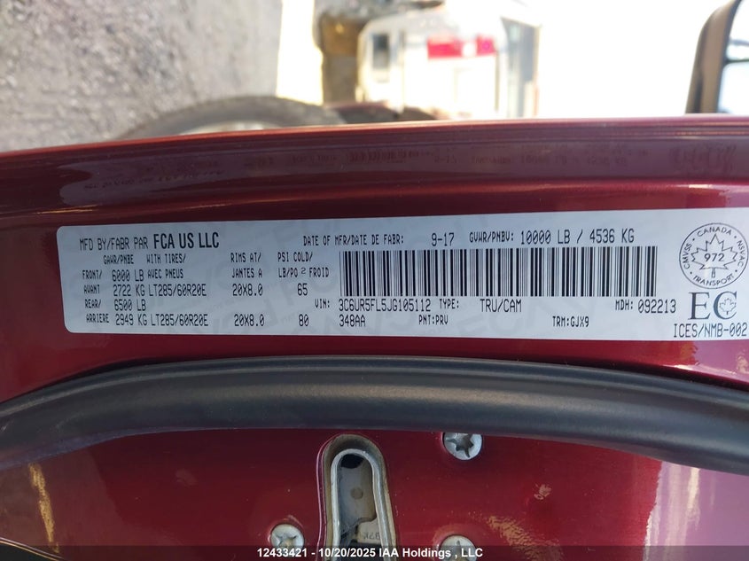 2018 Ram 2500 Laramie VIN: 3C6UR5FL5JG105112 Lot: 12433421