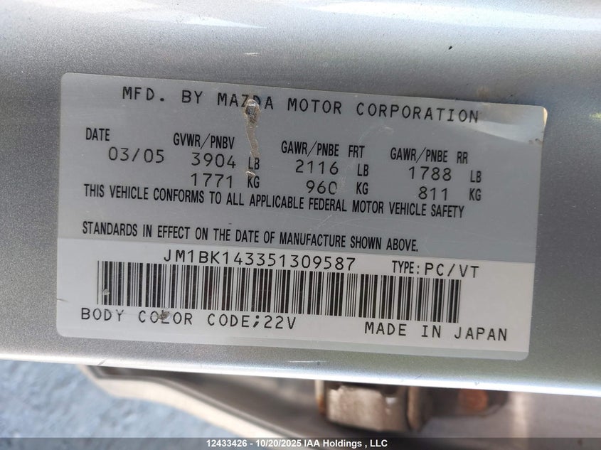 2005 Mazda 3 Hatchback VIN: JM1BK143351309587 Lot: 12433426