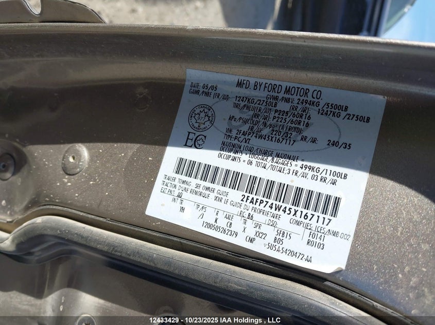 2005 Ford Crown Victoria Lx VIN: 2FAFP74W45X167117 Lot: 12433429