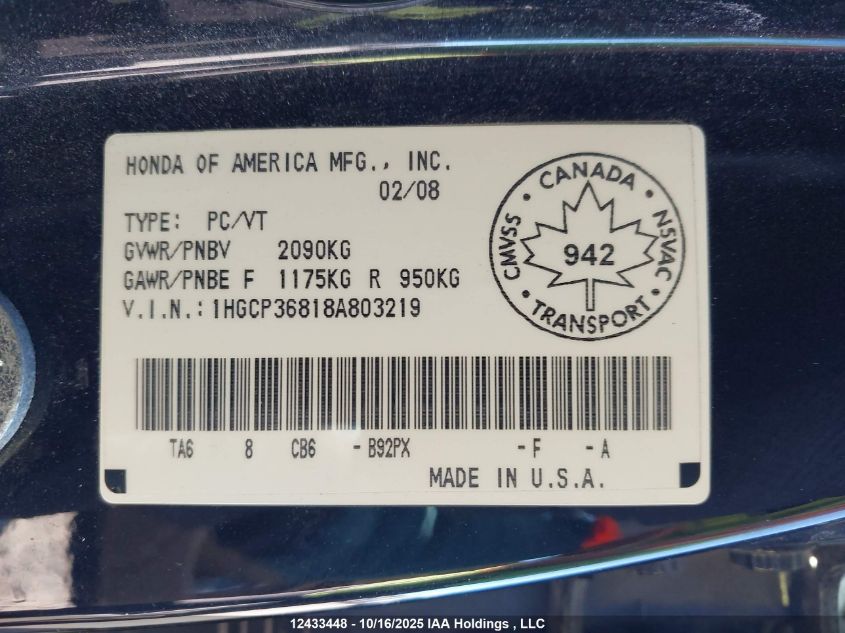 2008 Honda Accord Exl VIN: 1HGCP36818A803219 Lot: 12433448