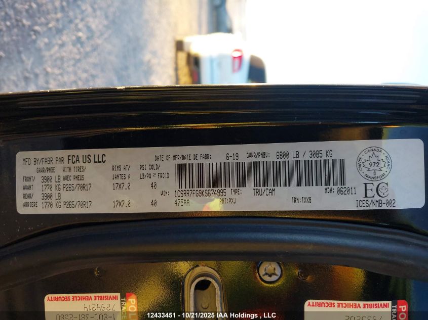 2019 Ram 1500 Classic Tradesman VIN: 1C6RR7FG9KS674995 Lot: 12433451