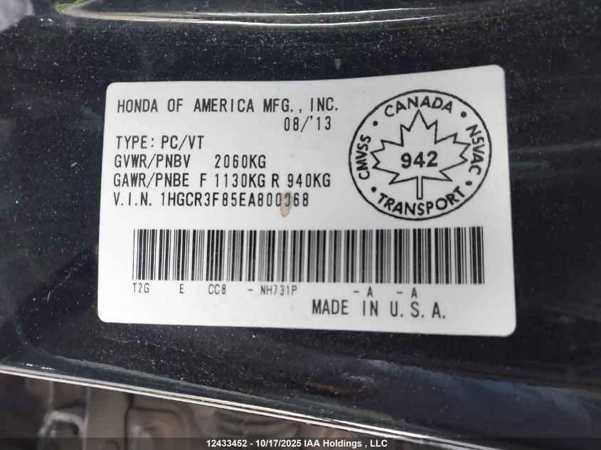 2014 Honda Accord Ex-L V6 VIN: 1HGCR3F85EA800068 Lot: 12433452