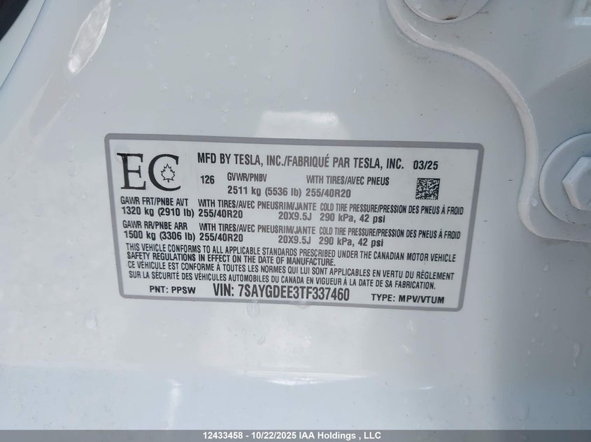 7SAYGDEE3TF337460 2026 TESLA MODEL Y photo no. 9