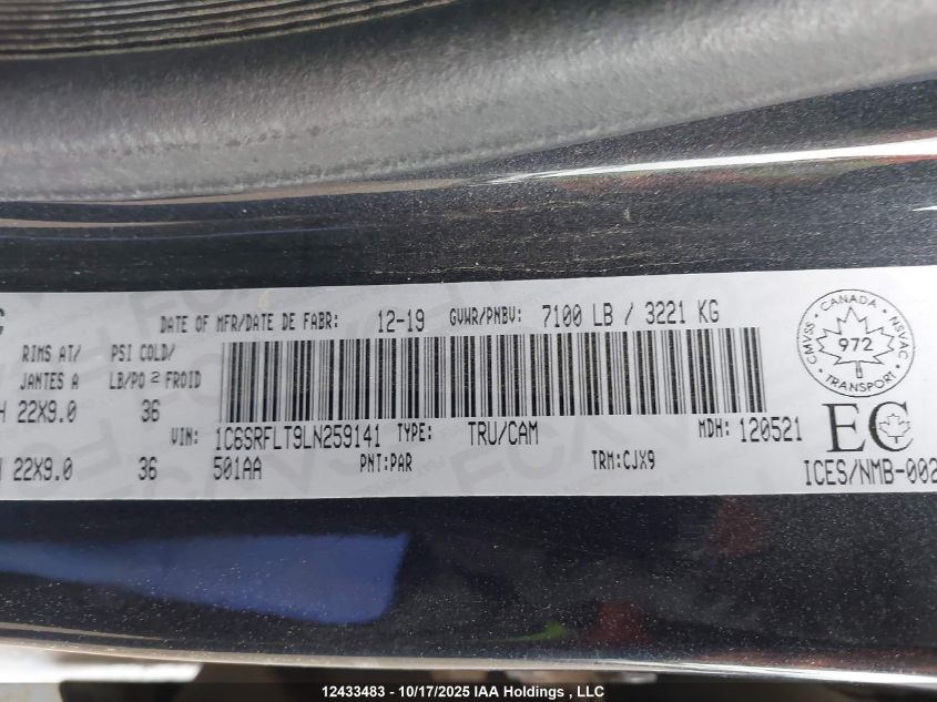 2020 Ram 1500 Rebel VIN: 1C6SRFLT9LN259141 Lot: 12433483