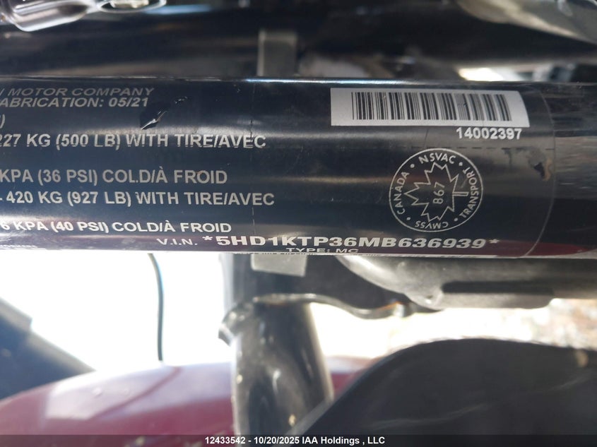 2021 Harley-Davidson Fltrxs VIN: 5HD1KTP36MB636939 Lot: 12433542