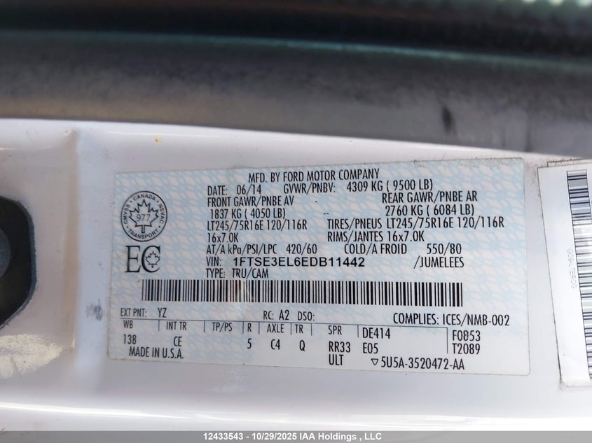2014 Ford Econoline E350 Super Duty Van VIN: 1FTSE3EL6EDB11442 Lot: 12433543