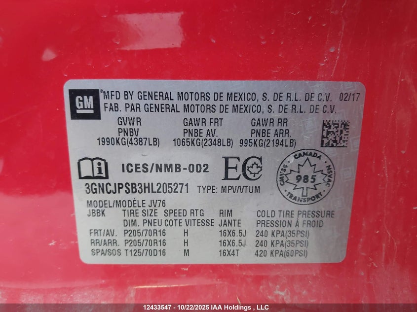 3GNCJPSB3HL205271 2017 CHEVROLET TRAX photo no. 9