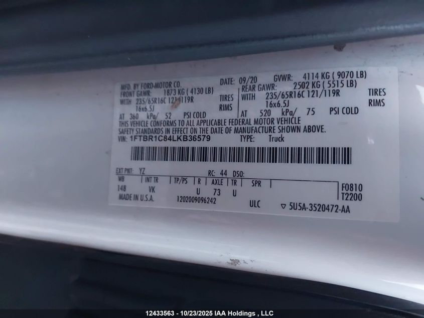 2020 Ford Transit T-250 VIN: 1FTBR1C84LKB36579 Lot: 12433563