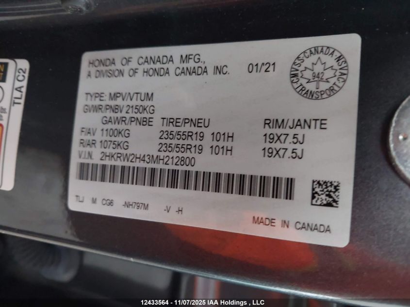 2021 Honda Cr-V Sport VIN: 2HKRW2H43MH212800 Lot: 12433564