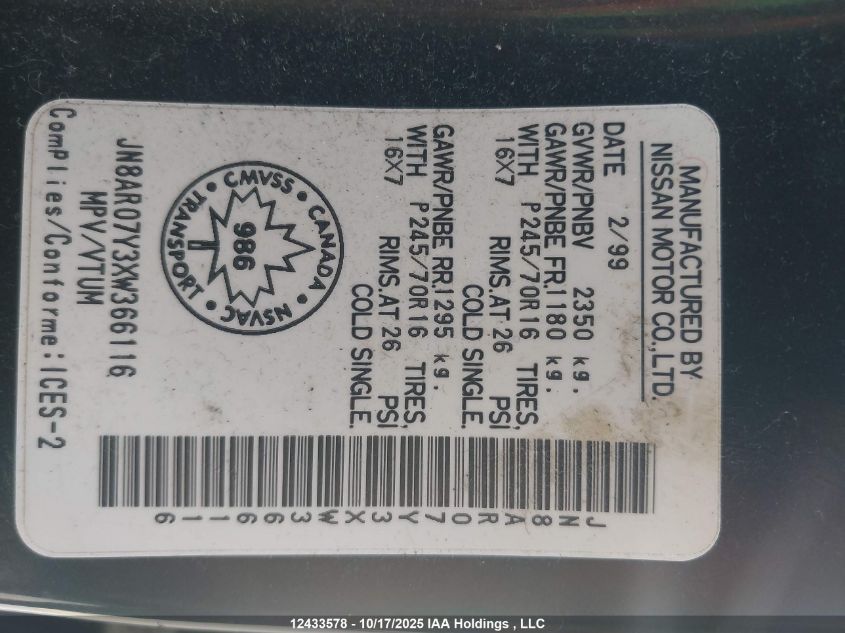 1999 Nissan Pathfinder VIN: JN8AR07Y3XW366116 Lot: 12433578