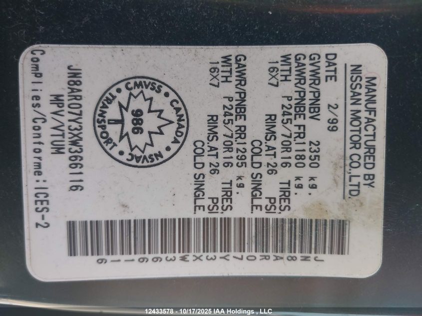 1999 Nissan Pathfinder VIN: JN8AR07Y3XW366116 Lot: 12433578