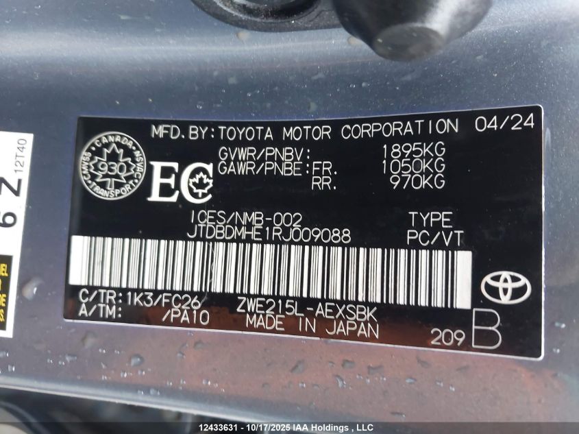 2024 Toyota Corolla Hybrid Se VIN: JTDBDMHE1RJ009088 Lot: 12433631