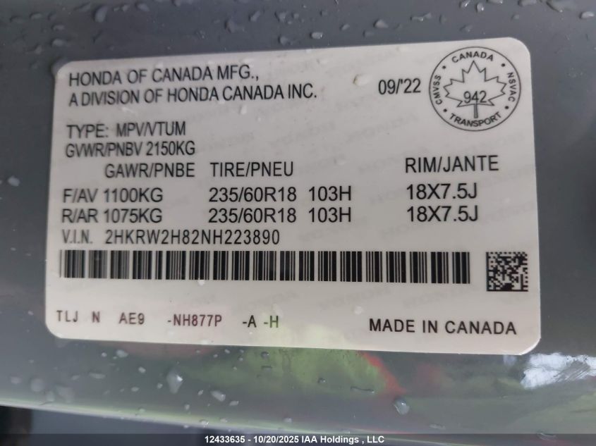 2022 Honda Cr-V Ex-L VIN: 2HKRW2H82NH223890 Lot: 12433635