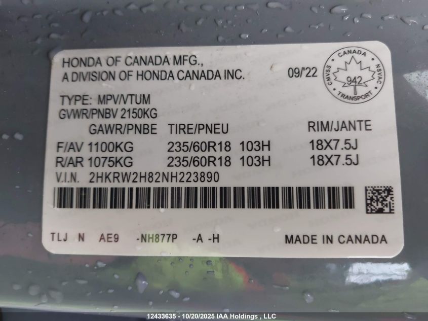 2022 Honda Cr-V Ex-L VIN: 2HKRW2H82NH223890 Lot: 12433635