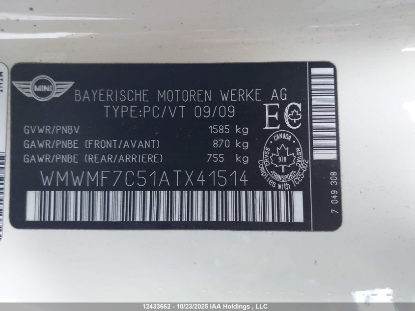 2010 Mini Cooper S VIN: WMWMF7C51ATX41514 Lot: 12433662
