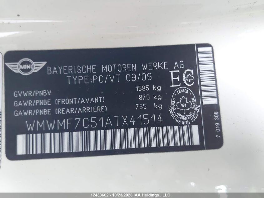 2010 Mini Cooper S VIN: WMWMF7C51ATX41514 Lot: 12433662