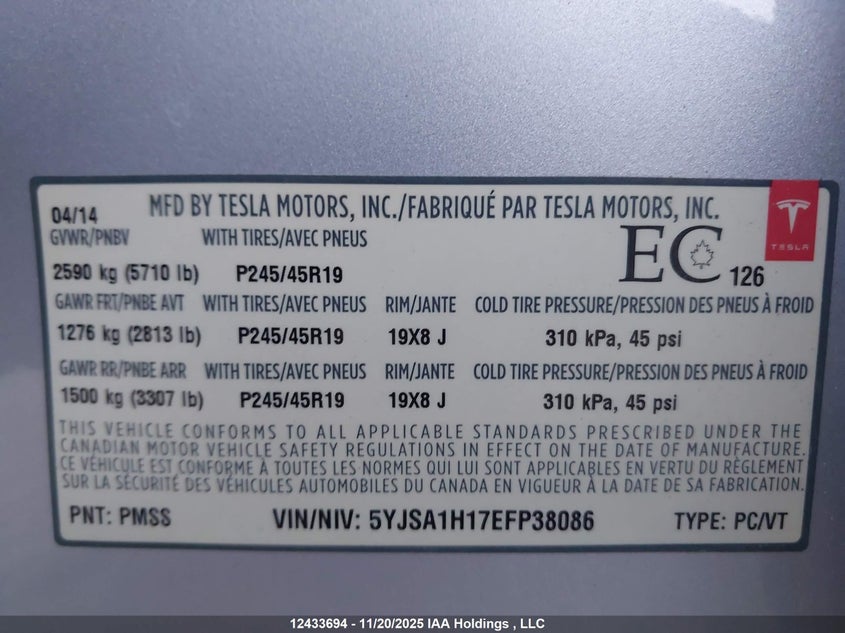 5YJSA1H17EFP38086 2014 TESLA MODEL S photo no. 17