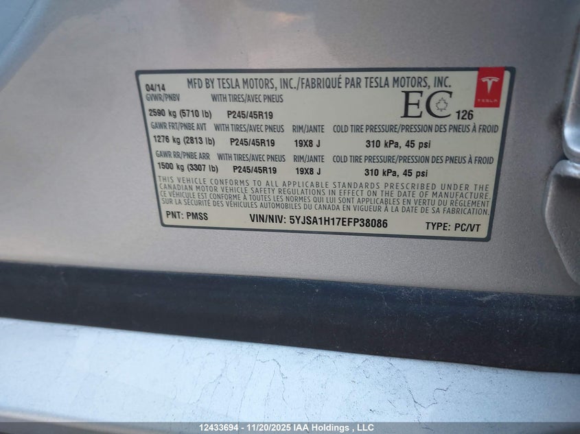 5YJSA1H17EFP38086 2014 TESLA MODEL S photo no. 9