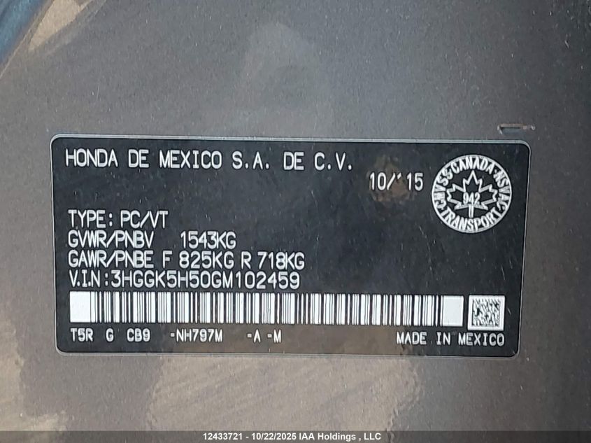 2016 Honda Fit Lx VIN: 3HGGK5H50GM102459 Lot: 12433721