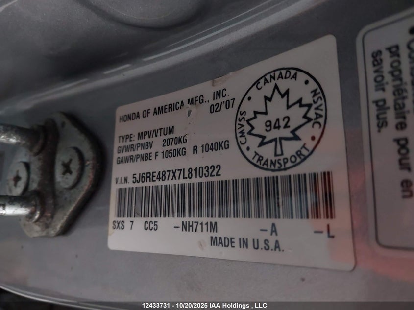 5J6RE487X7L810322 2007 HONDA CR-V photo no. 10