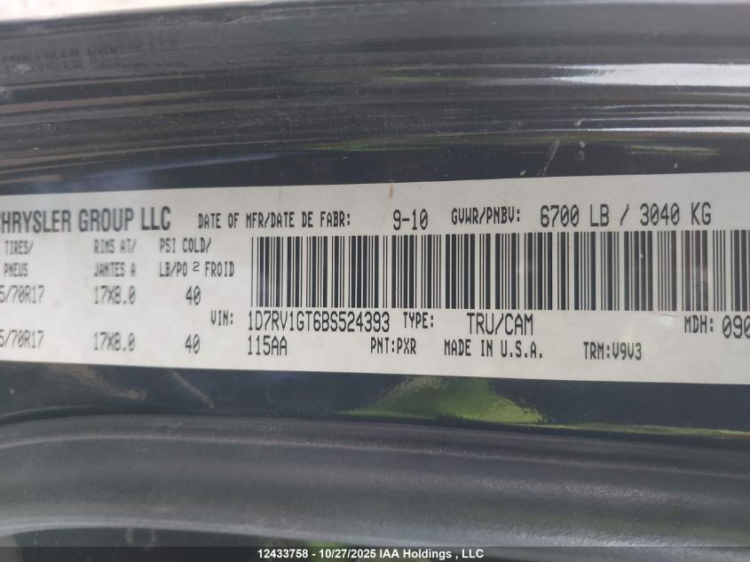 2011 Dodge Ram 1500 VIN: 1D7RV1GT6BS524393 Lot: 12433758