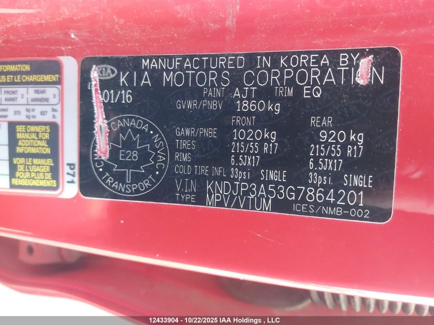 2016 Kia Soul + VIN: KNDJP3A53G7864201 Lot: 12433904